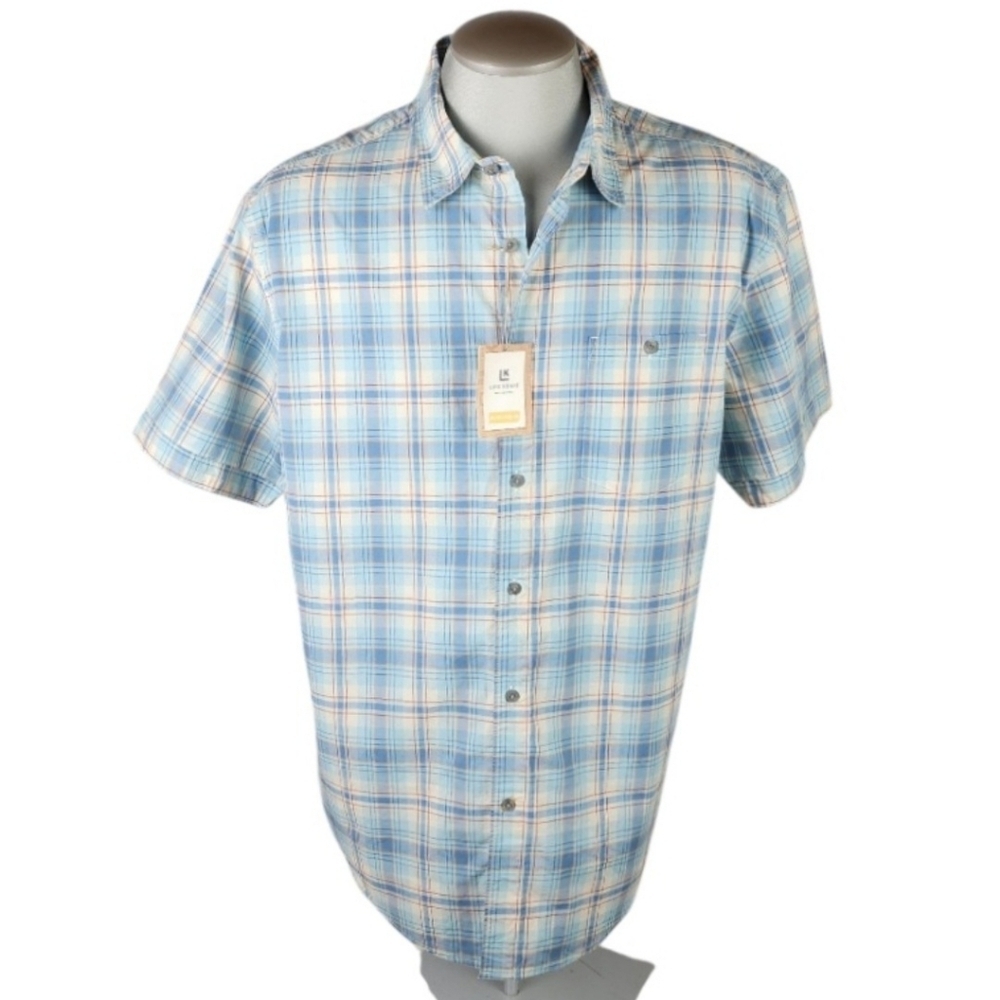 Life.Khaki Cotton Plaid Short Sleeve Button Front Shirt Blue Size XL Slim Fit